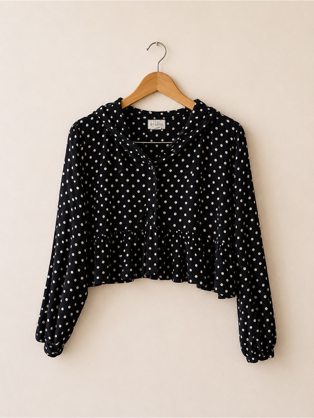 Vintage Navy Polka Dot Hooded Crop Top | Size Large